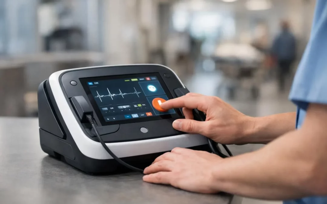 Défibrillateur portable moderne en action, tenu par des mains professionnelles. Symbole de survie cardiaque avancée.