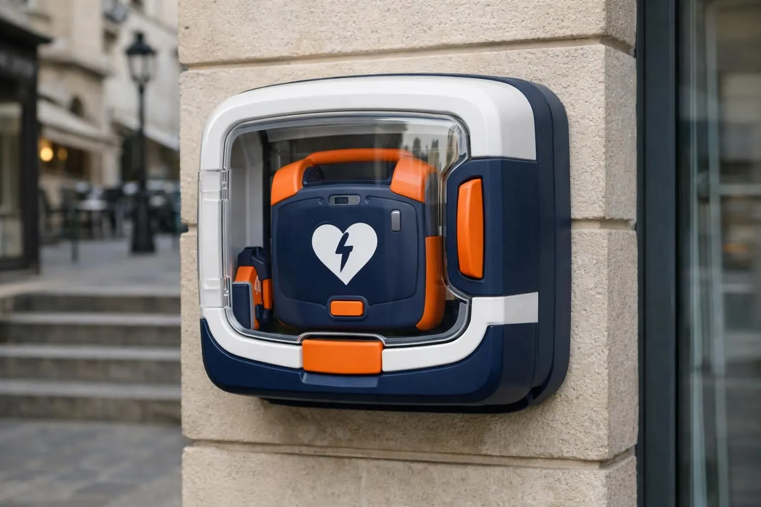 Modern automated external defibrillator mounted in protective cabinet on public building wall with clear emergency access, realistic photo style showing device in French urban environment