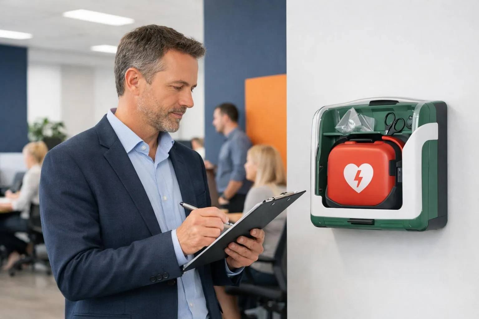 Manager examining workplace safety compliance checklist next to defibrillator mounted on office wall, modern corporate environment with employees in background