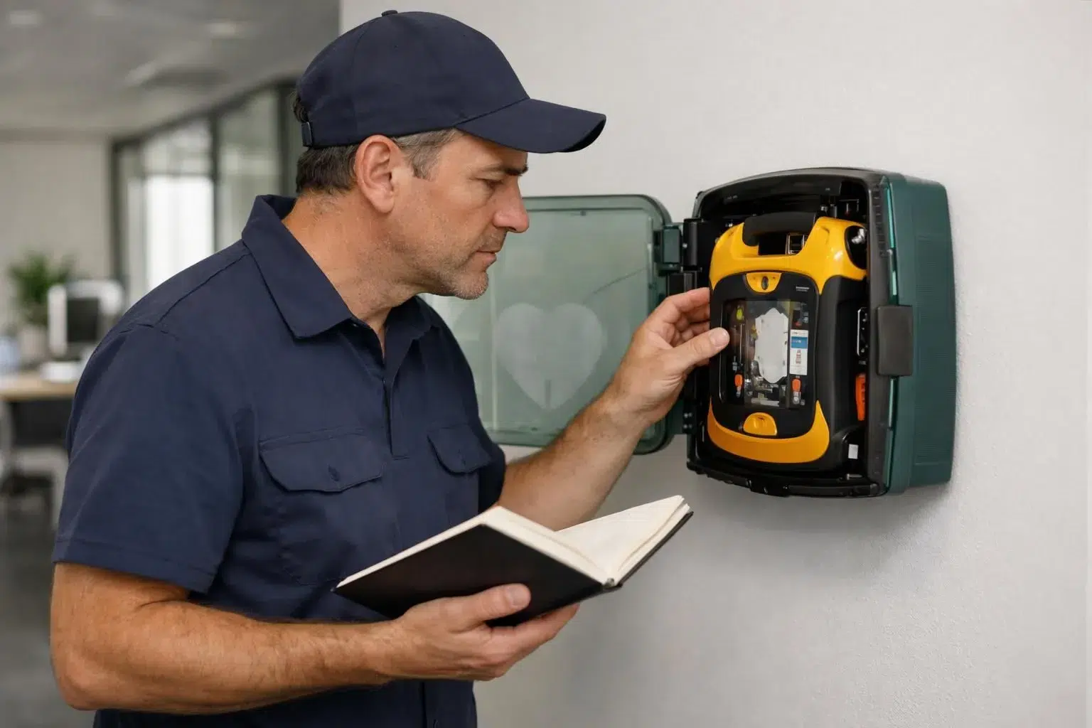 Technicien professionnel en uniforme réalisant une vérification technique minutieuse d'un défibrillateur automatique externe fixé au mur d'un hall d'entreprise moderne, avec carnet de maintenance ouvert, éclairage naturel, ambiance professionnelle et rassurante