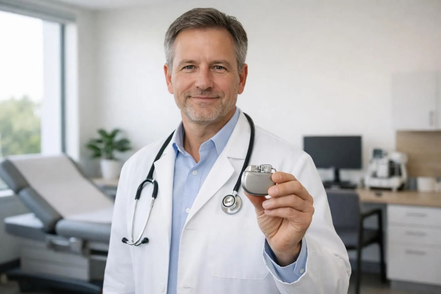 Medical professional showing a small implantable cardiac defibrillator device in hand with chest X-ray visible in background, modern hospital consultation room with natural lighting