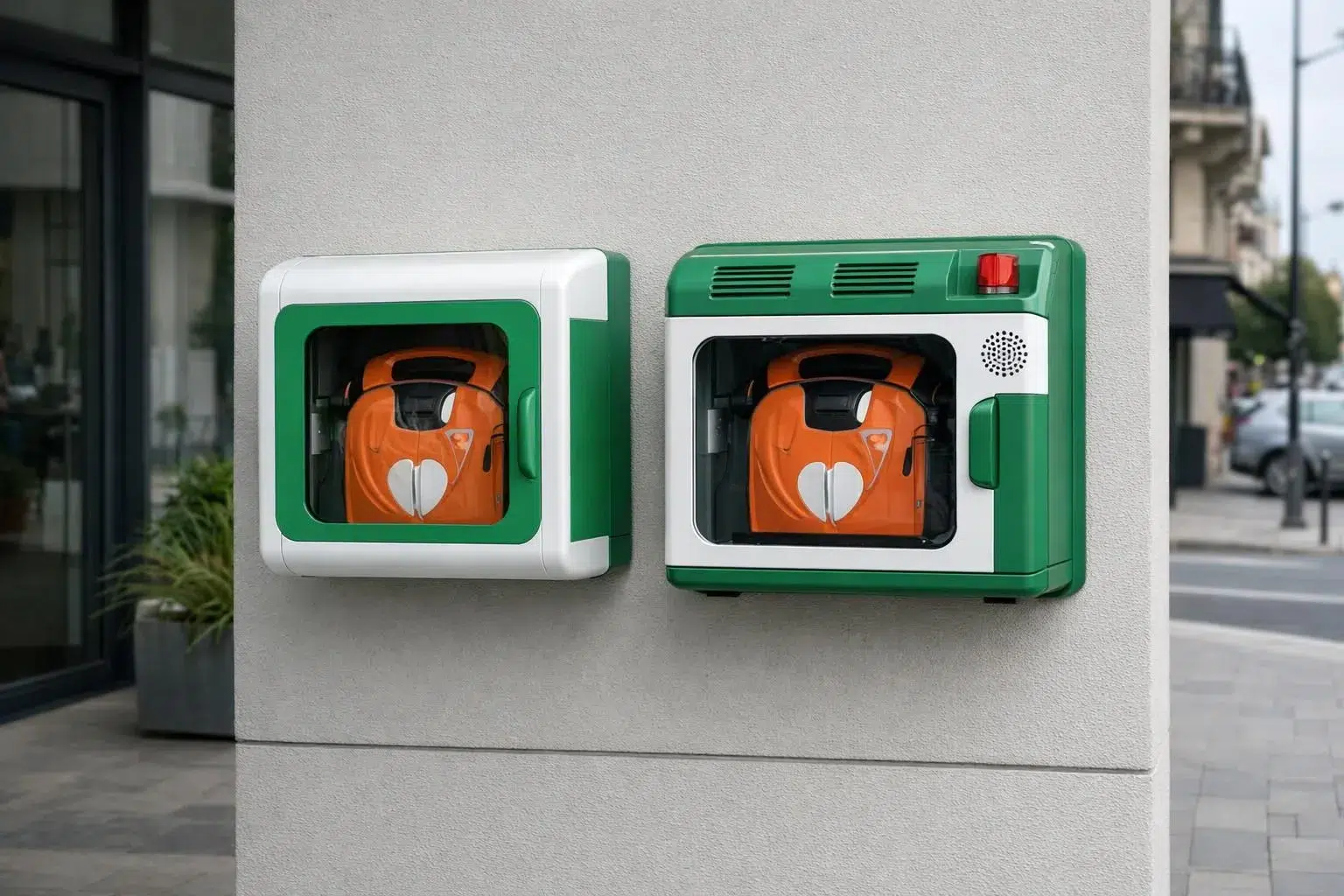 Outdoor defibrillator cabinet comparison showing two wall-mounted units side by side - one basic protective box and one advanced heated model with visible ventilation grilles and alarm system, mounted on modern commercial building exterior in French urban setting