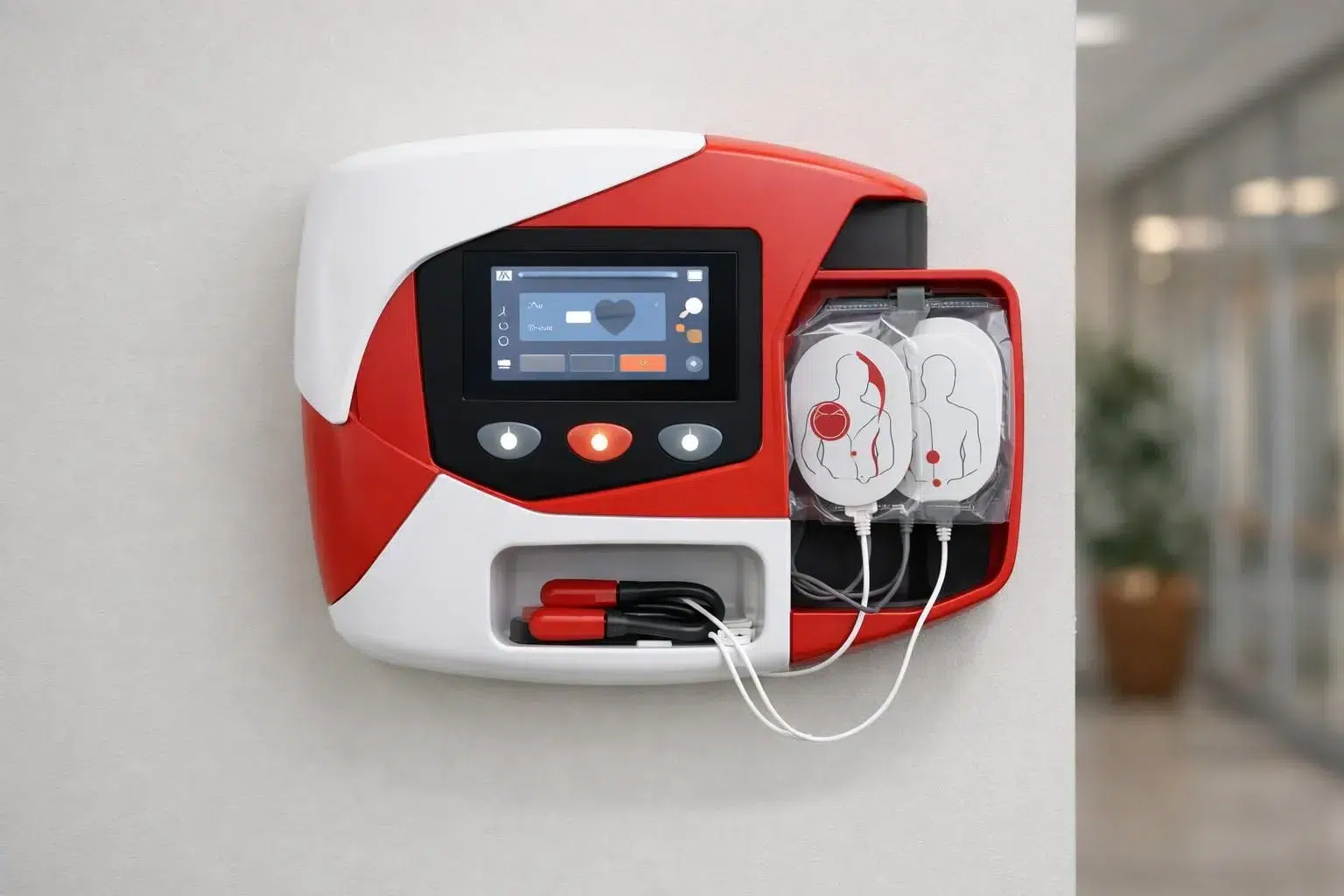 Modern automated external defibrillator device mounted on wall in public space with clear digital display panel and rescue electrode pads visible, professional medical equipment with red and white color scheme typical of emergency devices