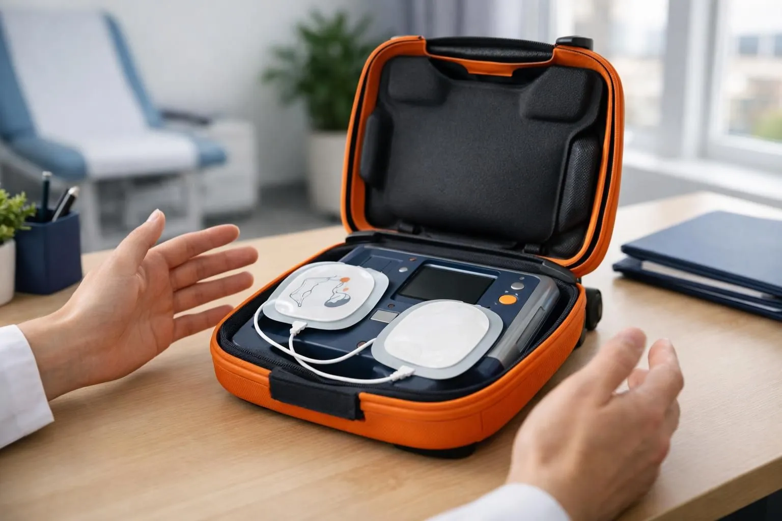 Close-up of a compact automatic external defibrillator (AED) in an open orange protective case, placed on a table in a bright modern office, with electrode pads visible and a person's hands reaching toward it, professional healthcare equipment setting, natural daylight streaming through windows