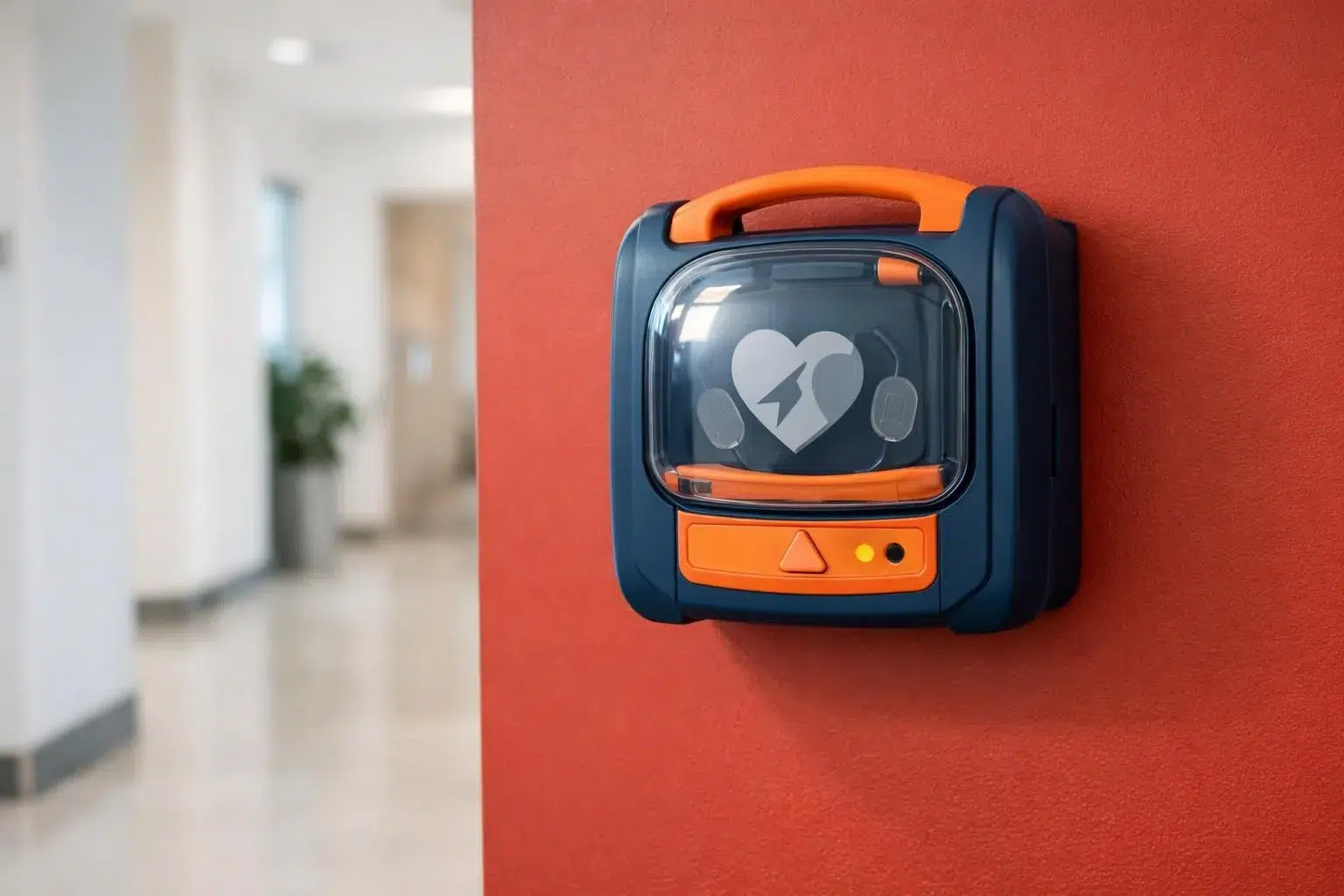 Modern automatic external defibrillator (AED) mounted on red emergency cabinet wall in bright public building hallway with clear signage, realistic medical device photography