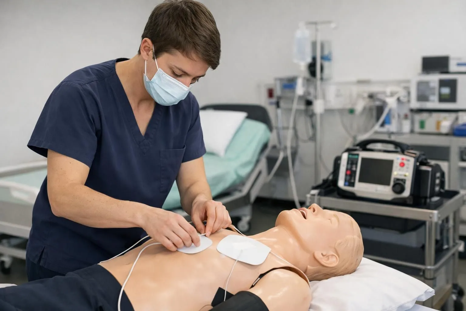 Medical professional placing defibrillator electrode pads on training mannequin chest in bright modern training facility with equipment visible in background, realistic documentary style photograph