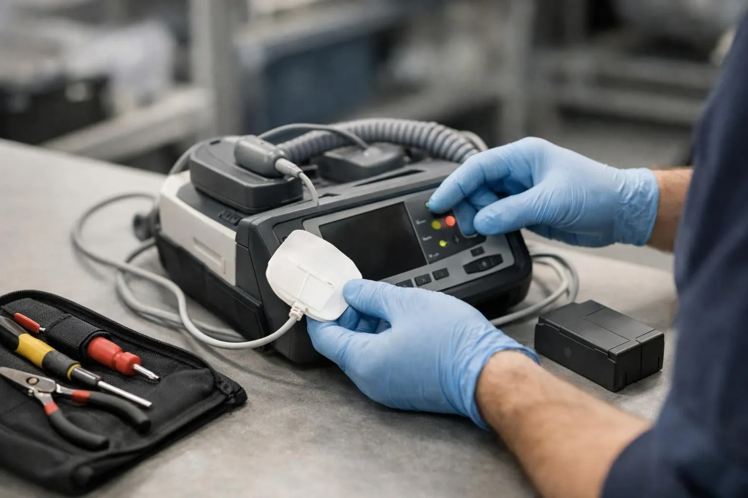 Gros plan réaliste sur les mains gantées d'un technicien professionnel inspectant minutieusement un défibrillateur automatique externe moderne posé sur une table de travail, vérifiant les électrodes et testant les voyants lumineux de statut, avec des outils de diagnostic et une batterie de rechange visible à proximité, éclairage professionnel de laboratoire