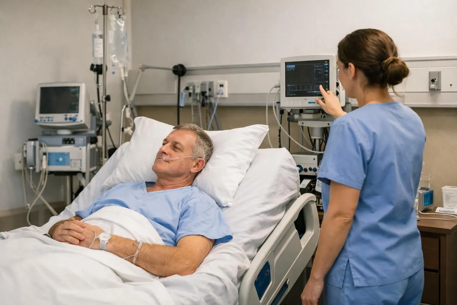 Patient in hospital bed during first 48 hours post-defibrillator implantation, nurse checking vital signs on monitor, calm medical environment with professional equipment, realistic healthcare setting showing early recovery phase