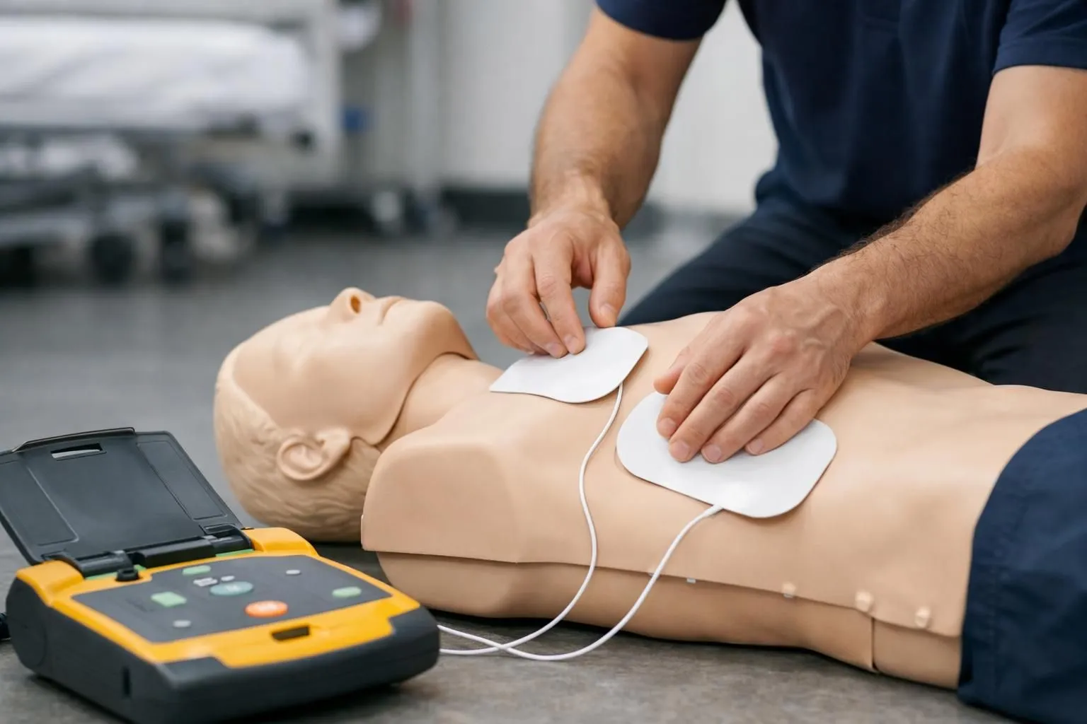 Training session showing an instructor demonstrating proper defibrillator pad placement on a CPR mannequin while a group of professionals observe, with an automated external defibrillator device open and ready on the floor, realistic indoor training environment with medical equipment visible