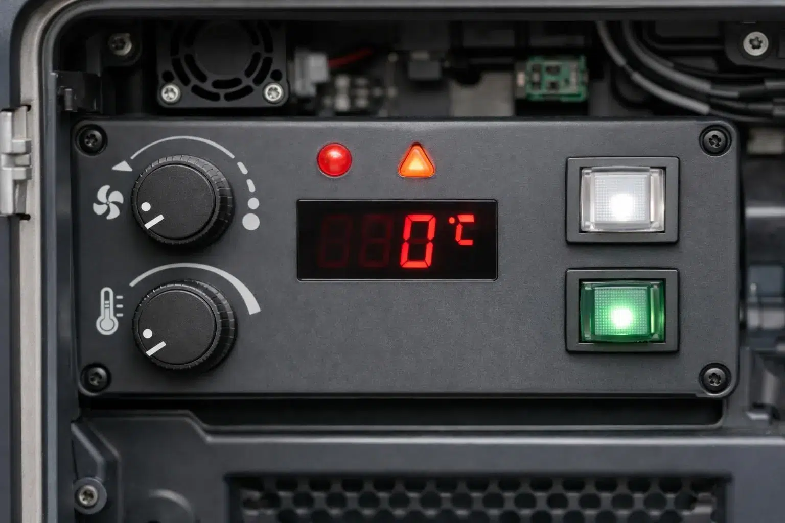 Close-up view of a modern defibrillator cabinet control panel mounted on a wall, showing heating system controls, alarm indicators, temperature digital display, and LED lighting switches, with visible wiring and technical components in an outdoor protective enclosure