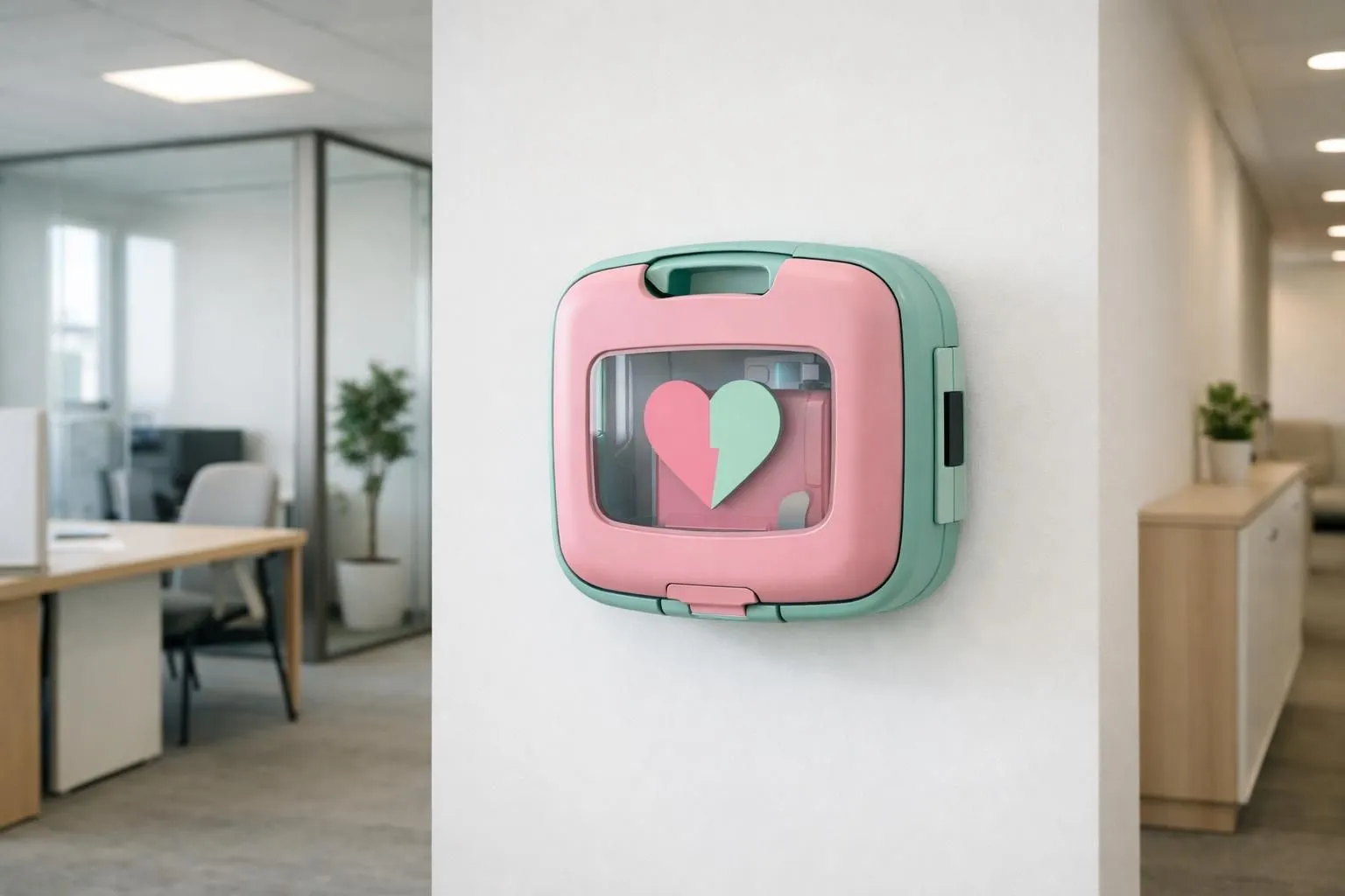 A portable automated external defibrillator (AED) mounted on a wall in a modern French office space, with clear signage indicating emergency equipment, realistic workplace setting with professional lighting and visible accessibility for immediate use