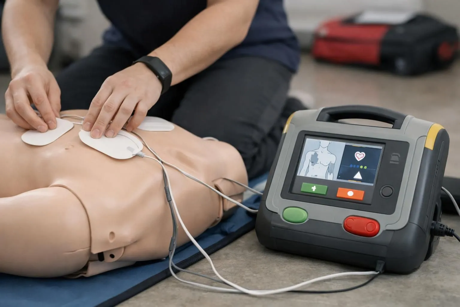 Person placing defibrillator electrode pads on training mannequin chest showing proper positioning, modern AED device visible with clear interface panel, indoor emergency training setting, realistic medical equipment demonstration