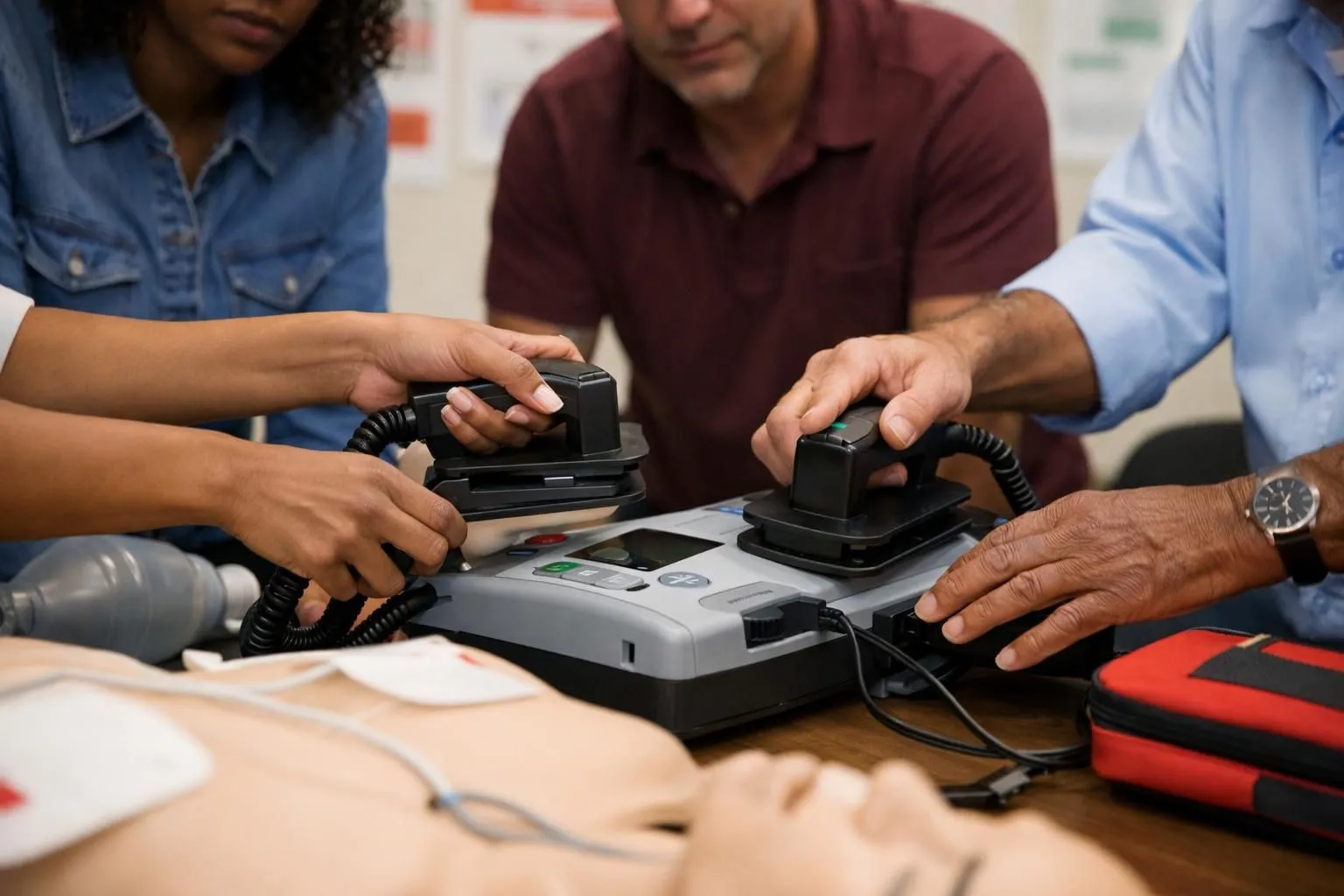 Diverse group of employees practicing CPR on training mannequins in modern French workplace training room, instructor supervising participants using defibrillator training equipment, professional corporate setting with safety posters