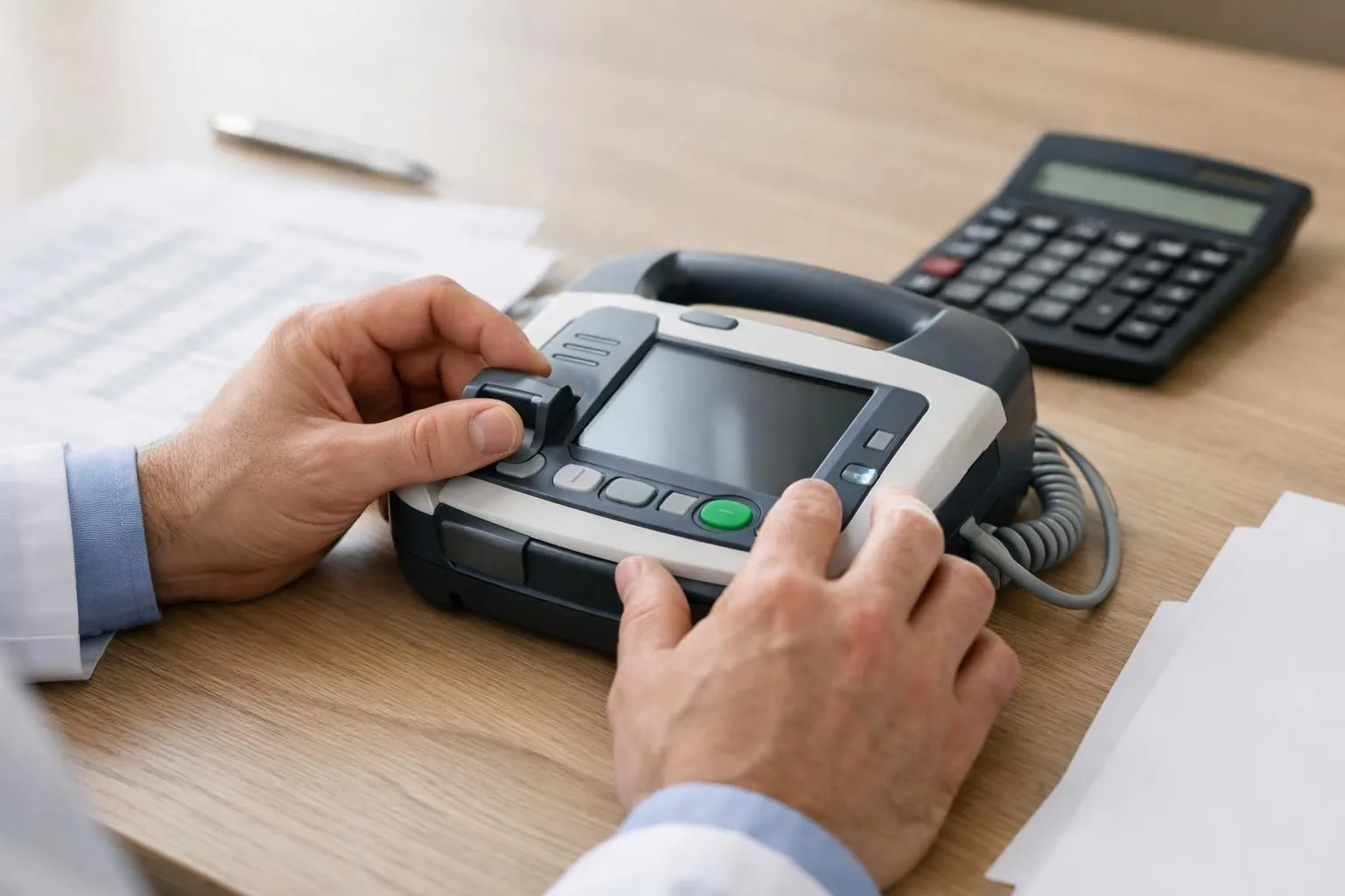 Professional comparing financial documents and calculator while examining a modern defibrillator device on an office desk in Bordeaux, France, showing cost analysis charts and maintenance records side by side, realistic business setting with natural lighting