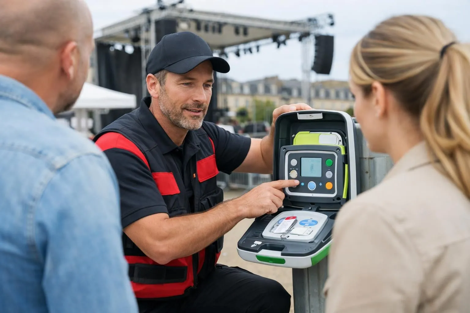 Professional HEART PROTEKT technician in branded uniform installing automatic defibrillator at outdoor event venue in Bordeaux, demonstrating device placement to event organizers, natural daylight, modern defibrillator clearly visible, reassuring and professional atmosphere