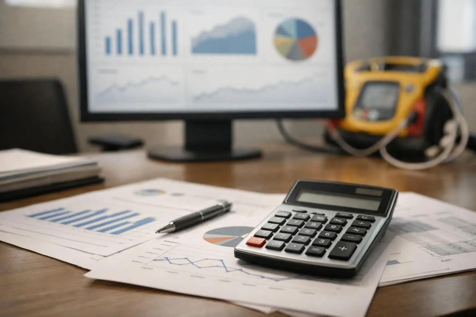 Business professional comparing financial documents showing defibrillator lease versus purchase costs on modern office desk with calculator and charts