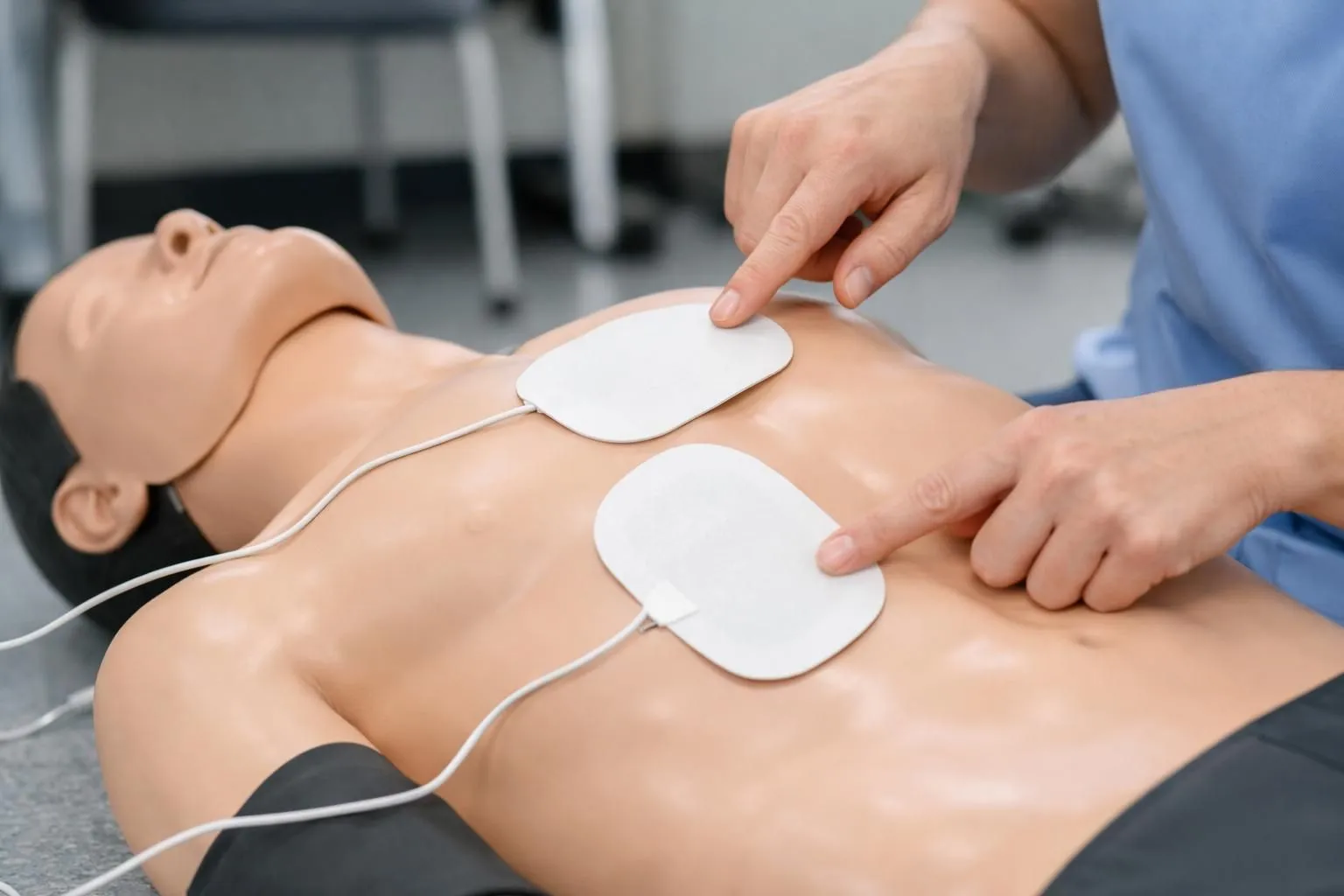 Close-up view of automated external defibrillator electrode pads being correctly positioned on training mannequin chest with visible anatomical placement guides, hands of instructor demonstrating proper technique in professional medical training environment