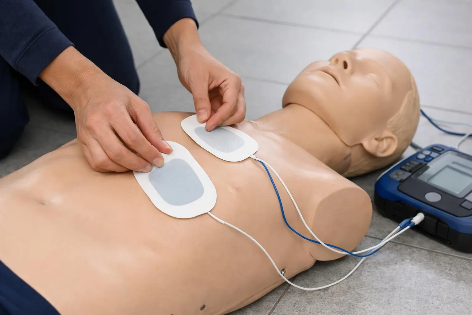 Close-up of hands placing defibrillator electrode pads on an adult training mannequin chest, showing proper positioning, with a portable AED device visible nearby on a tiled floor, realistic lighting, professional training environment