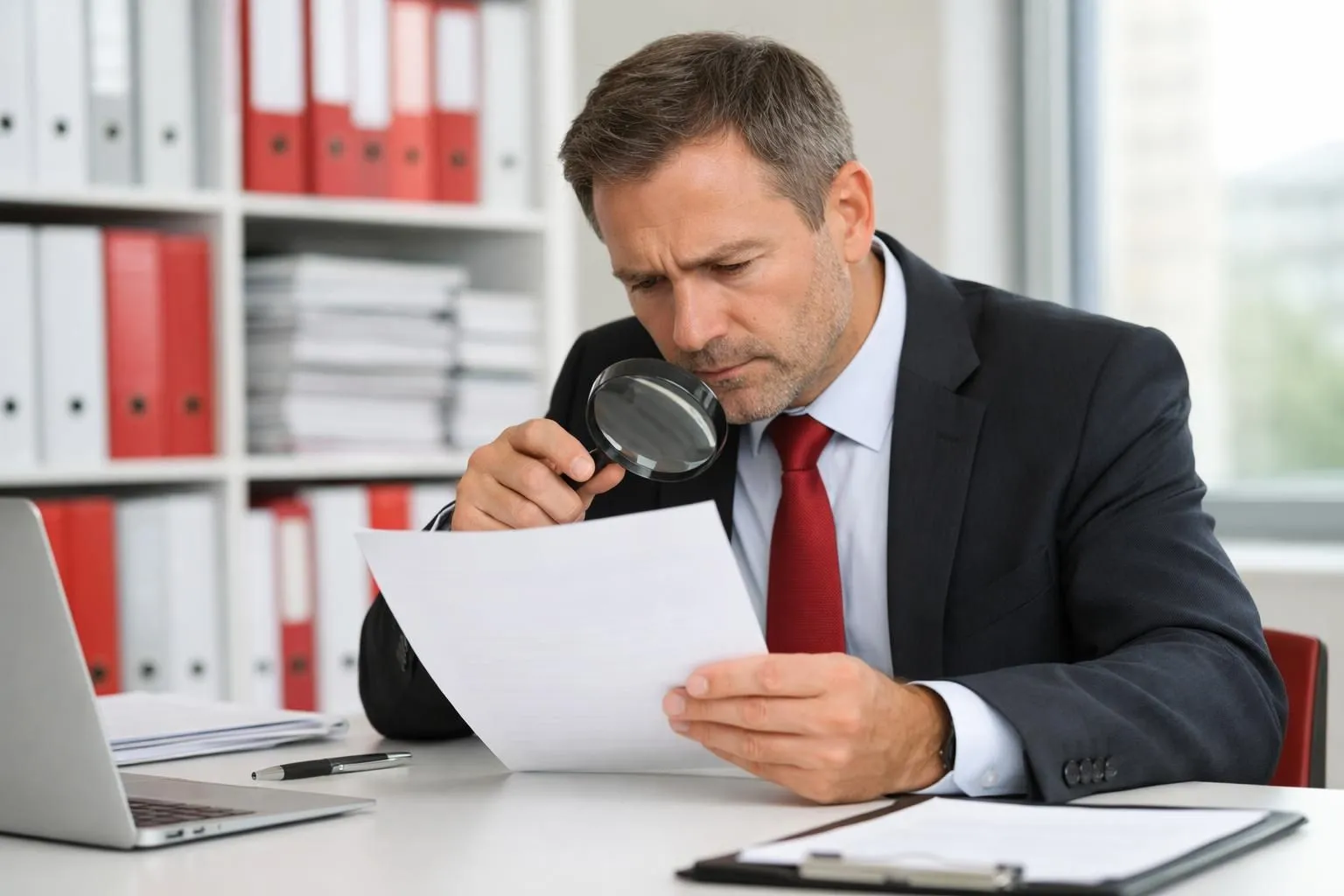 Professionnel concentré examinant minutieusement un document contractuel avec une loupe sur un bureau moderne, expression sérieuse et méfiante, éclairage naturel de bureau, documentation technique visible en arrière-plan