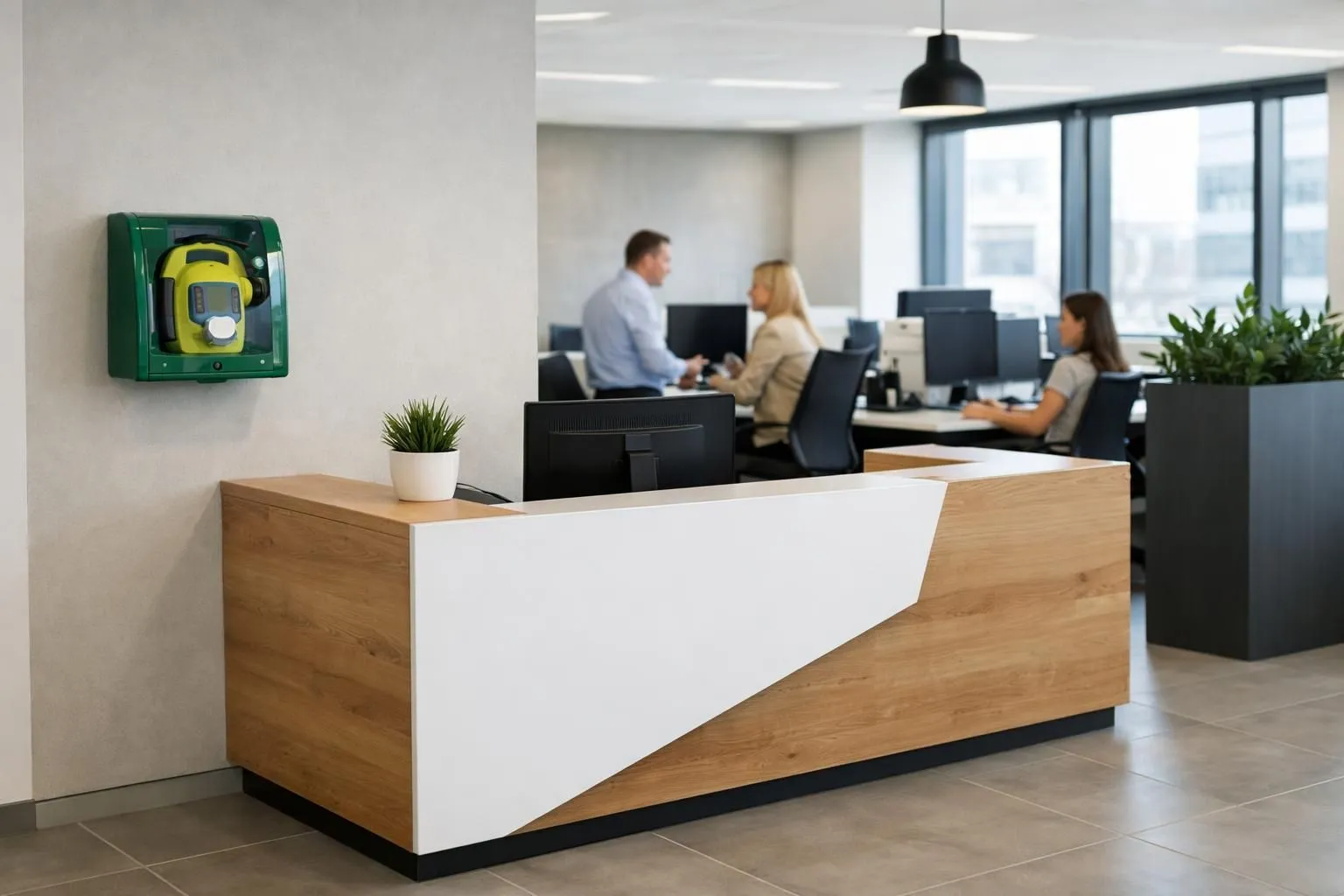 Espace d'accueil de bureau français moderne avec défibrillateur mural et signalisation de sécurité, employés en arrière-plan, éclairage naturel lumineux, environnement d'entreprise réaliste.