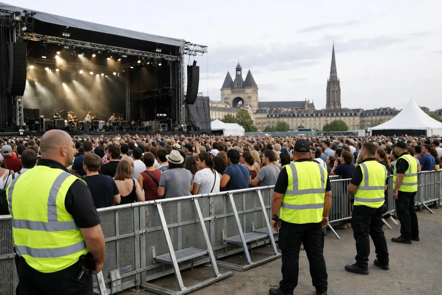 Un festival de musique en plein air à Bordeaux avec une foule nombreuse profitant de l'événement de jour, le personnel de sécurité en gilets réfléchissants surveillant la foule, une infrastructure événementielle professionnelle avec des barrières et une scène visible, montrant une gestion organisée de la