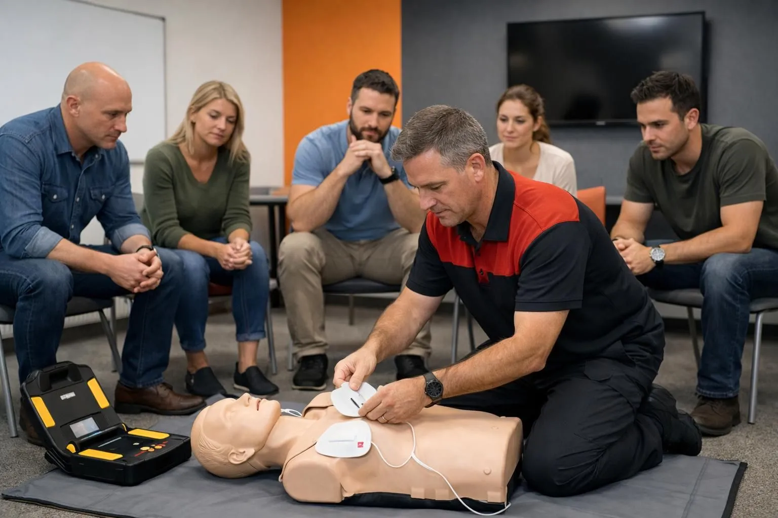 Un instructeur de premiers secours professionnel démontrant le placement correct des électrodes de défibrillateur sur un mannequin de formation RCP, sous le regard attentif de professionnels en tenue décontractée dans une salle de conférence moderne.