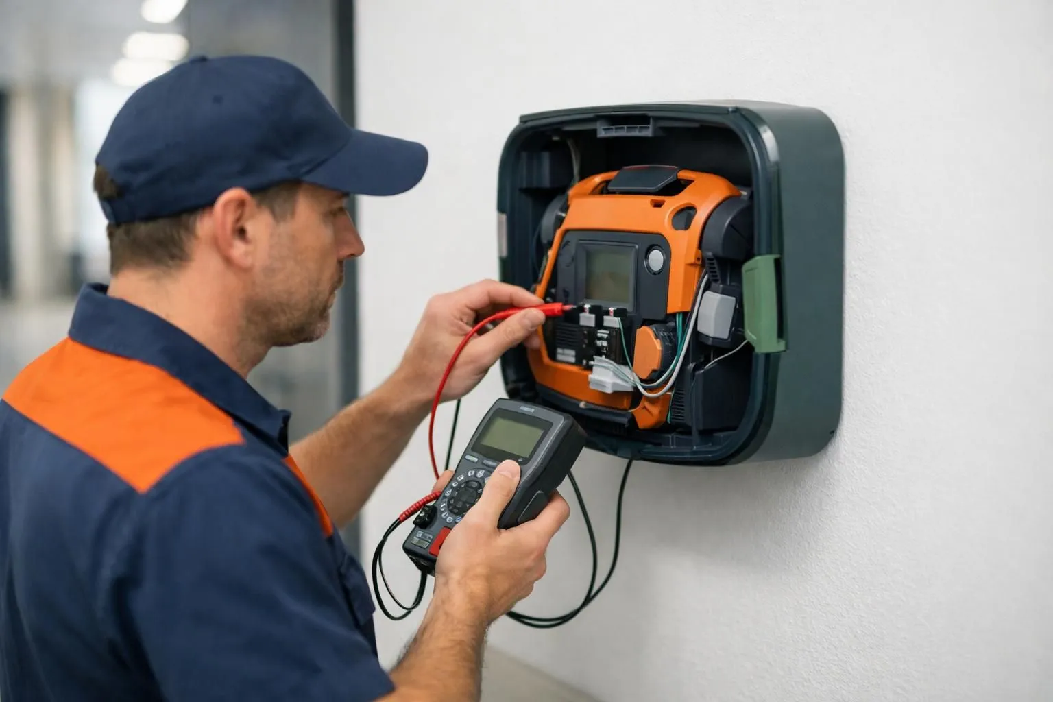 Un technicien en uniforme professionnel vérifie un défibrillateur externe automatique monté sur un mur dans un établissement français moderne, contrôle les électrodes et les indicateurs d'état de l'appareil, gros plan sur le processus de vérification de l'entretien avec du matériel de test,