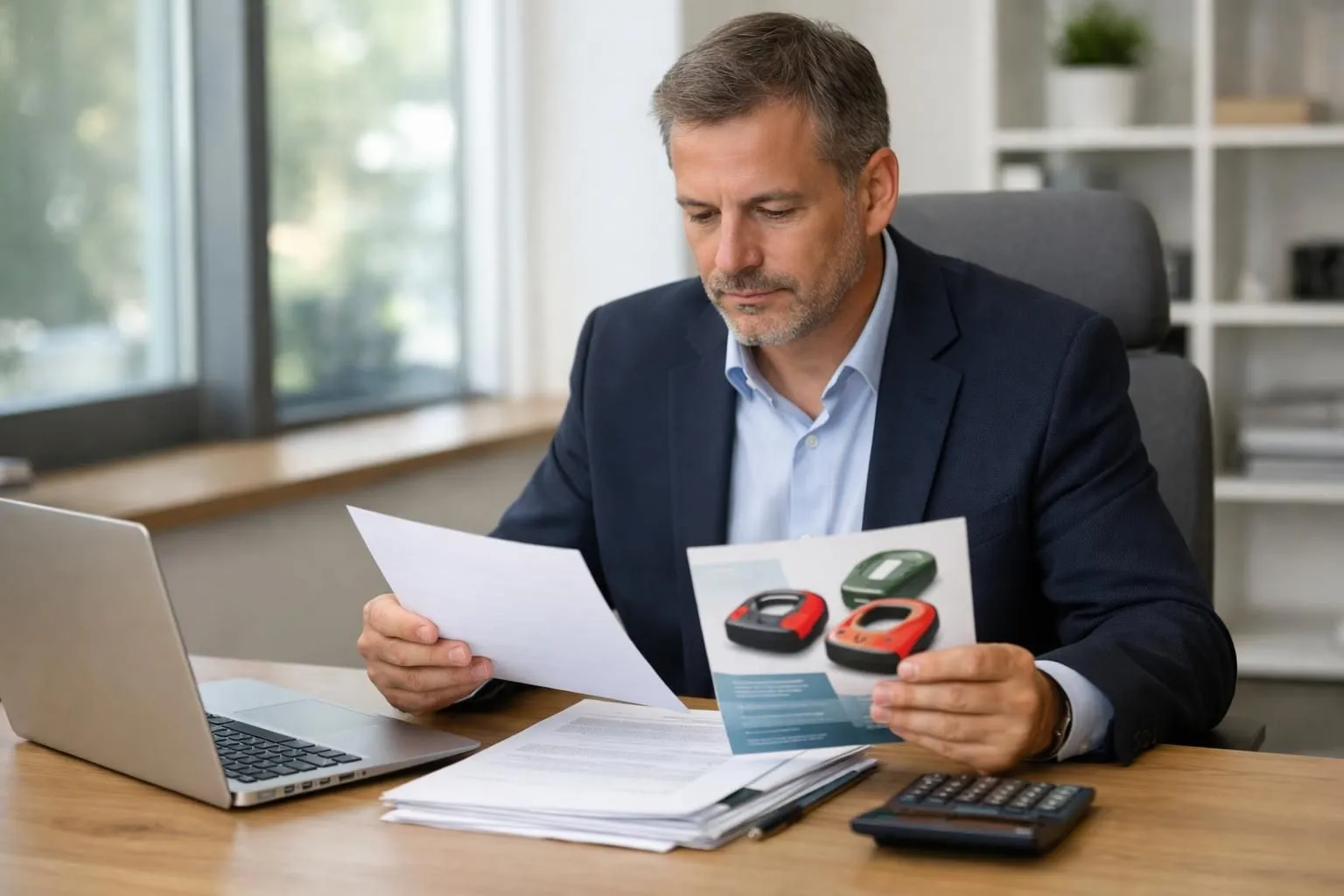 Un gestionnaire d'entreprise français examine des documents de subventions gouvernementales et des brochures de défibrillateurs sur son bureau avec une calculatrice et un ordinateur portable, dans un bureau moderne lumineux, dans une atmosphère professionnelle montrant la planification financière pour l'équipement de sécurité sur le lieu de trav