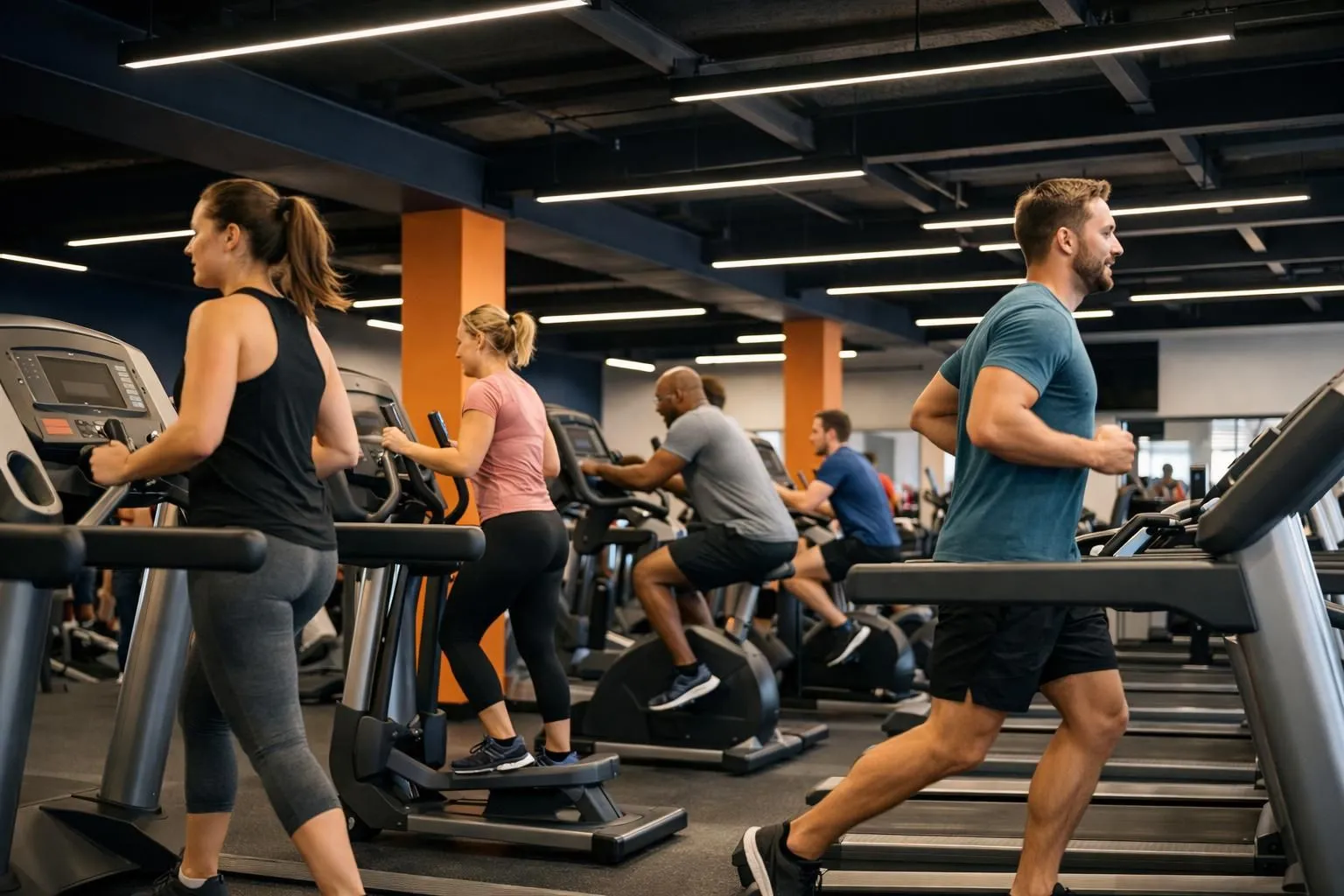Salle de sport moderne à Bordeaux avec plusieurs pratiquants en plein effort cardio sur tapis de course et vélos, éclairage dynamique, ambiance d'entraînement intensif, vue intérieure réaliste