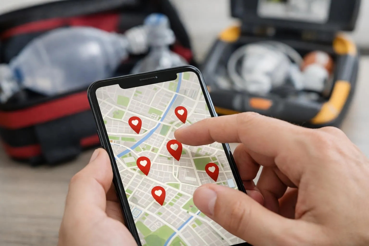 Une carte interactive avec des marqueurs rouges indiquant les défibrillateurs dans une zone urbaine, une main prête à sélectionner un marqueur, dans un environnement médical.