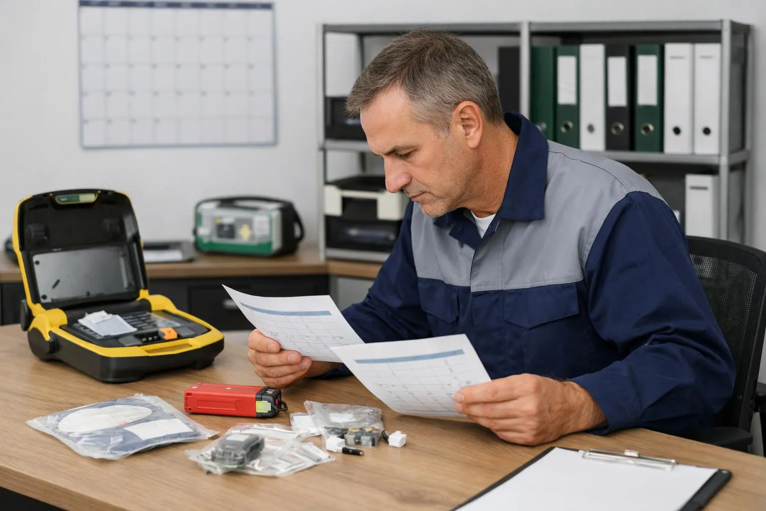 Gestionnaire de bureau professionnel examinant le calendrier d'entretien du défibrillateur et les pièces de rechange sur un bureau avec équipement médical et documentation de sécurité, cadre de travail moderne avec calendrier et dossiers de conformité.