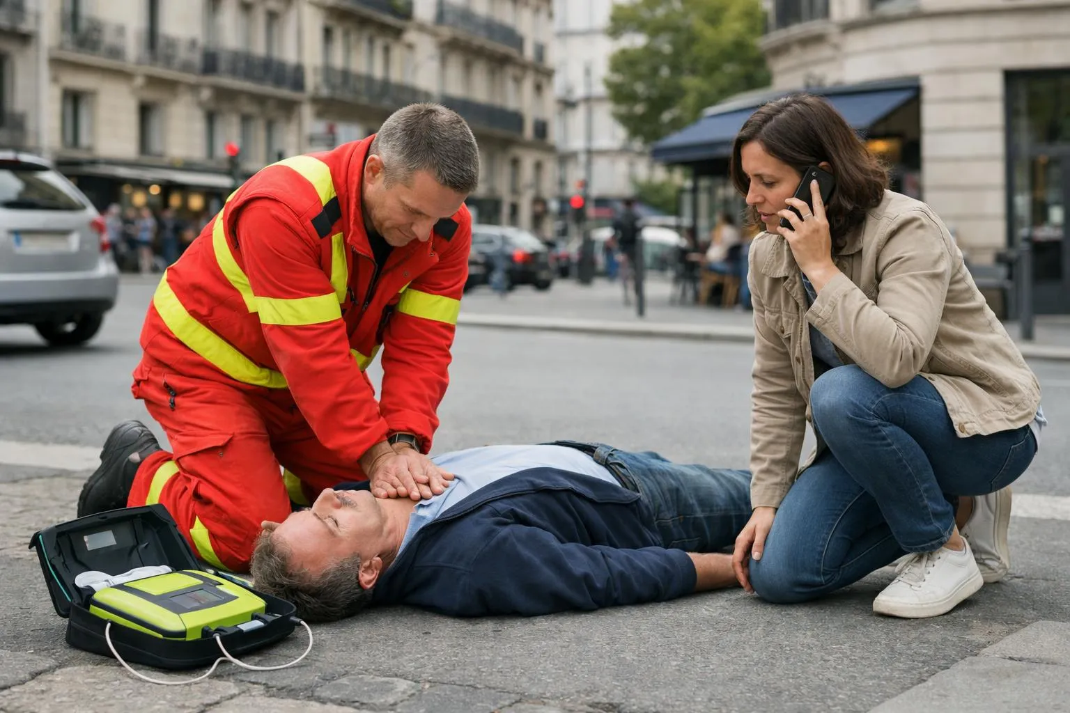 Une personne s'effondre au sol tandis qu'un témoin pratique un massage cardiaque, un autre appelle les secours et un défibrillateur est visible, dans un cadre urbain français.