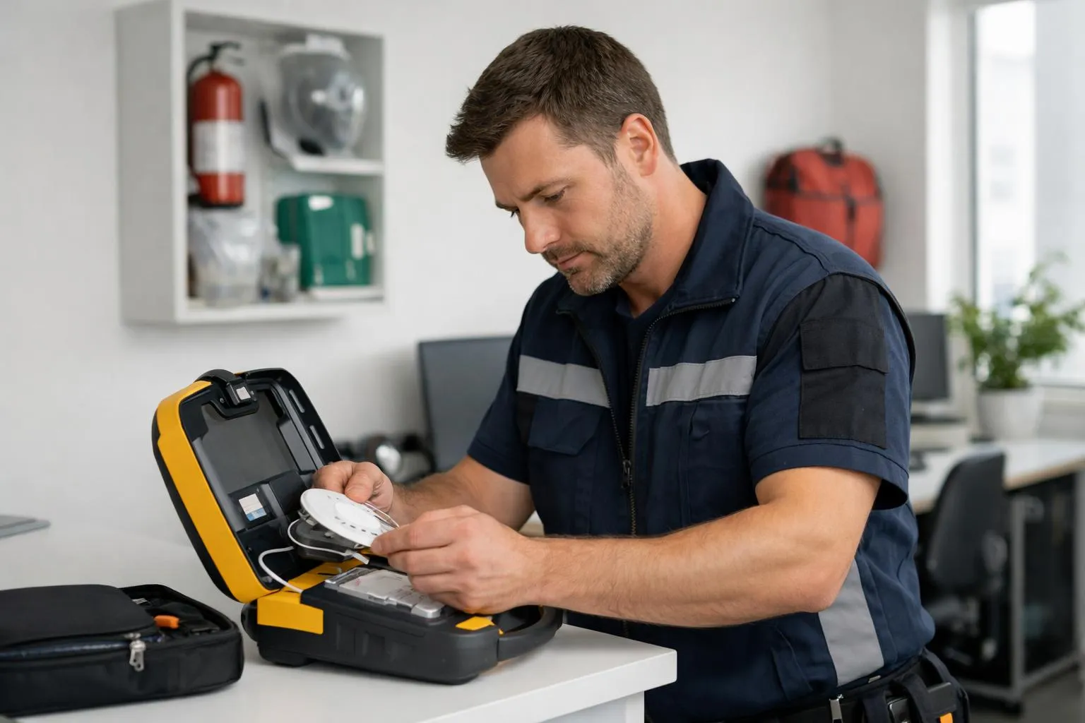 Technicien professionnel en vêtements de travail réalisant la vérification technique d'un défibrillateur automatique externe dans une entreprise, appareil médical posé sur un mur, environnement professionnel éclairé avec équipements de sécurité visibles en arrière-plan, scène réaliste et moderne