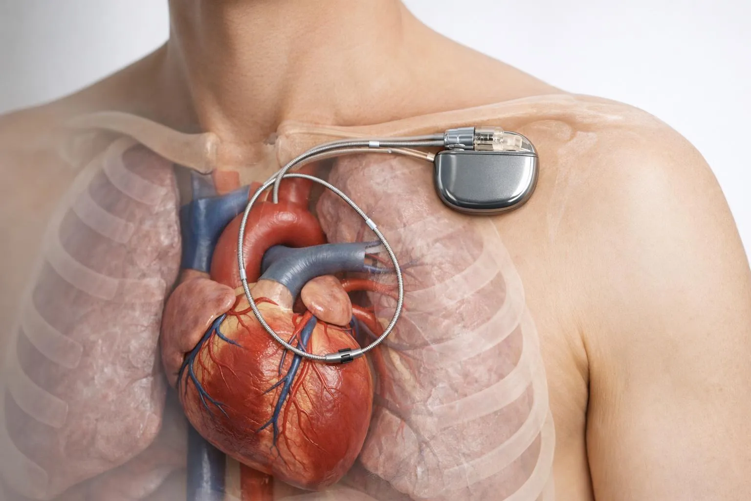Modèle anatomique du cœur humain avec sonde médicale.