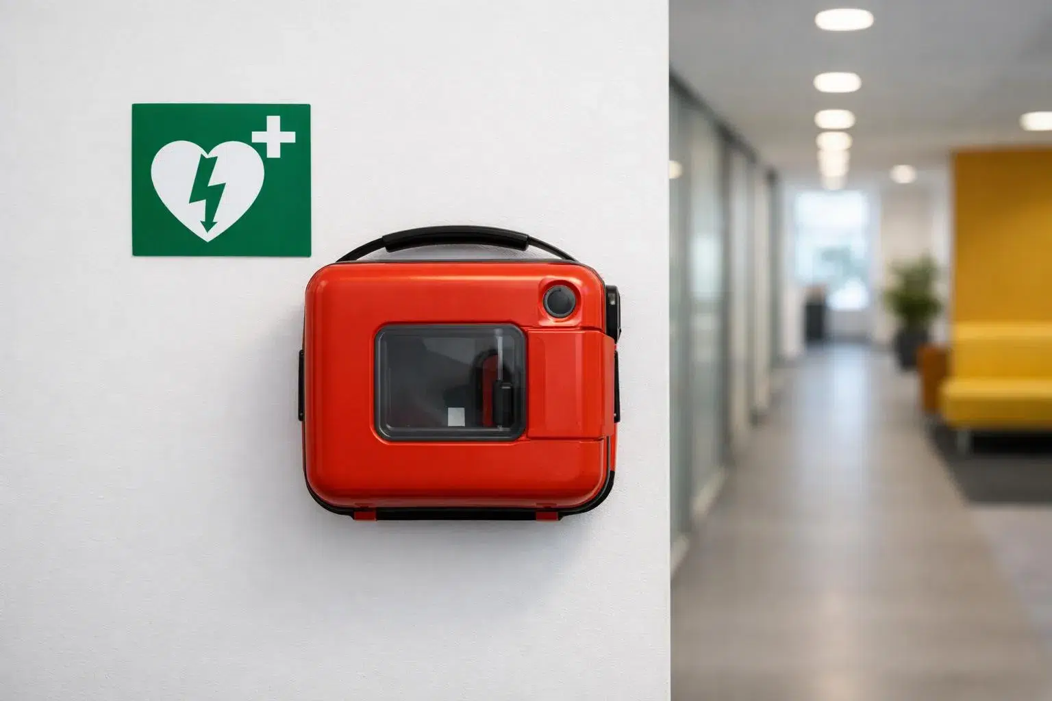 Défibrillateur automatique externe rouge accroché au mur avec panneau de signalisation.
