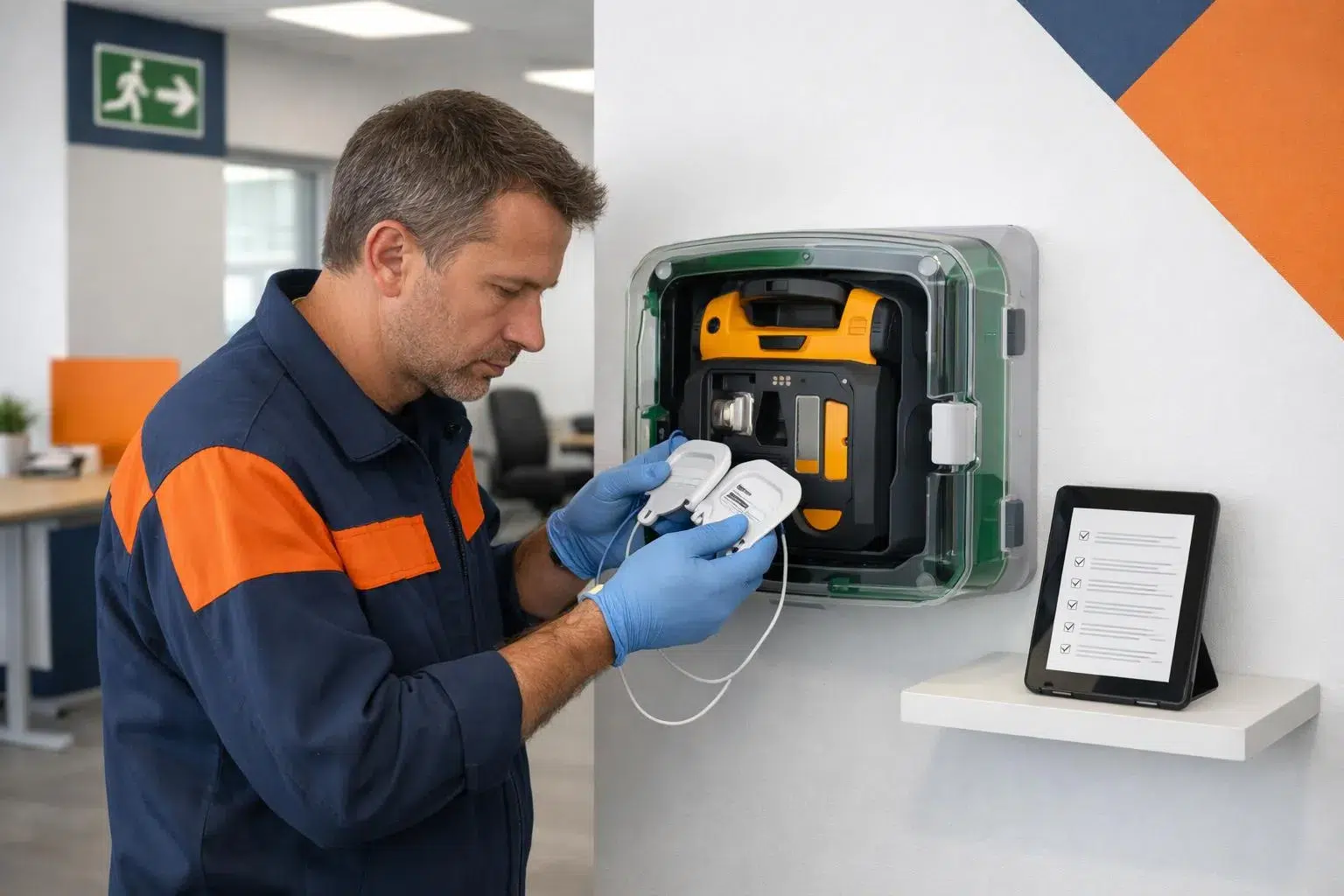 Technicien en uniforme vérifiant le contenu d'une boîte d'équipement portable.
