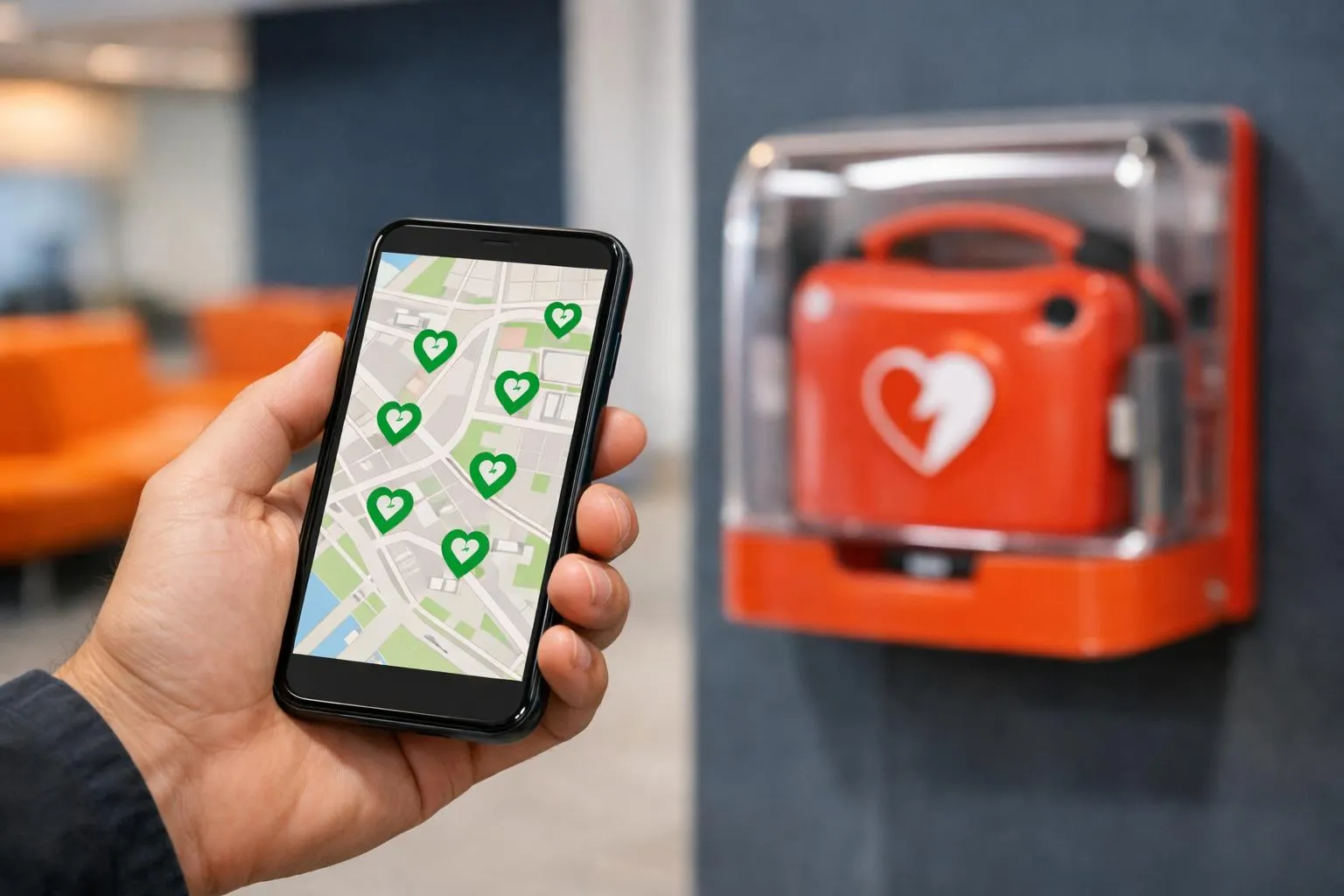 Smartphone affichant une carte avec des icônes en forme de cœur, valise orange avec motif en forme de cœur.