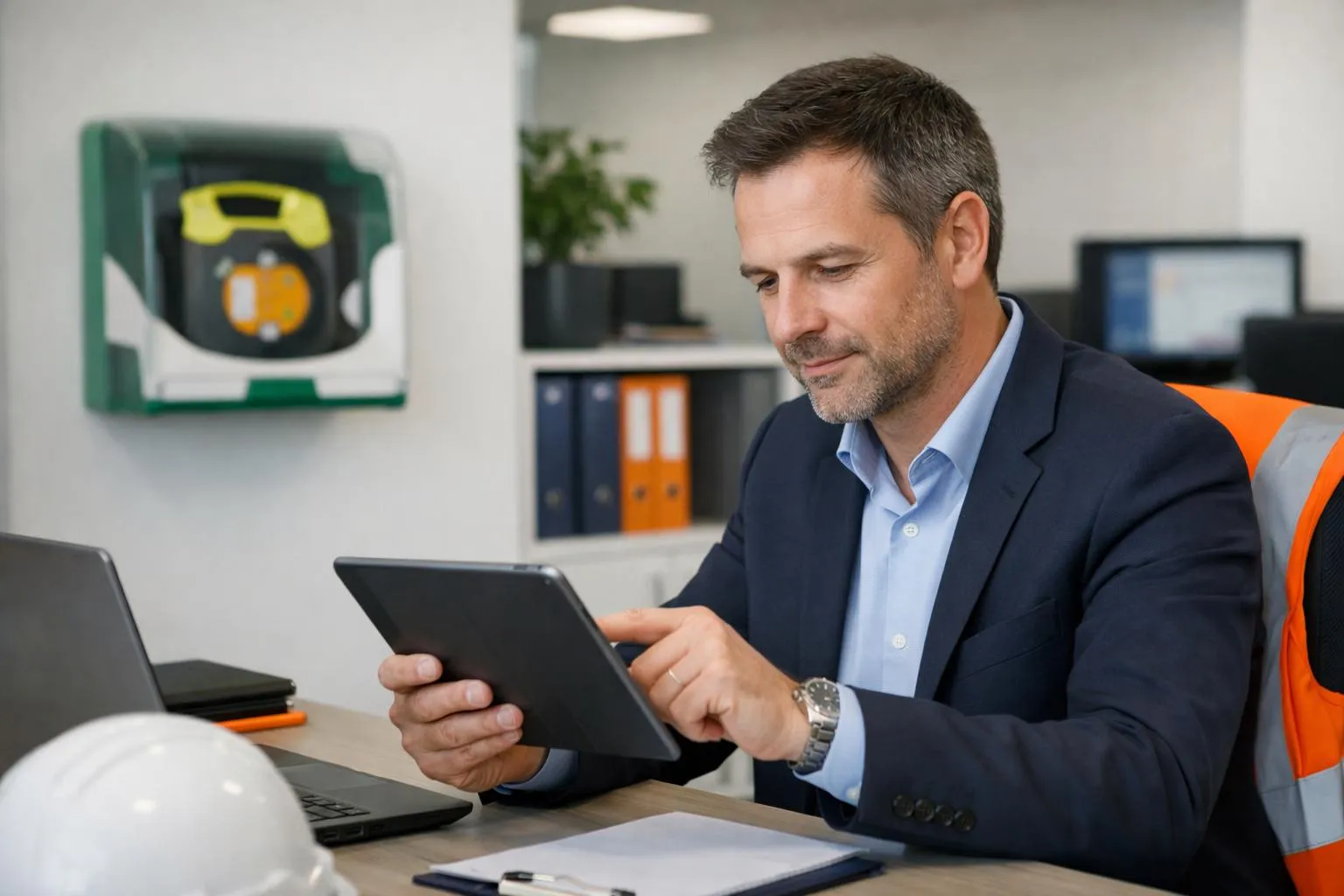 Un homme d'affaires utilise une tablette dans un bureau moderne.