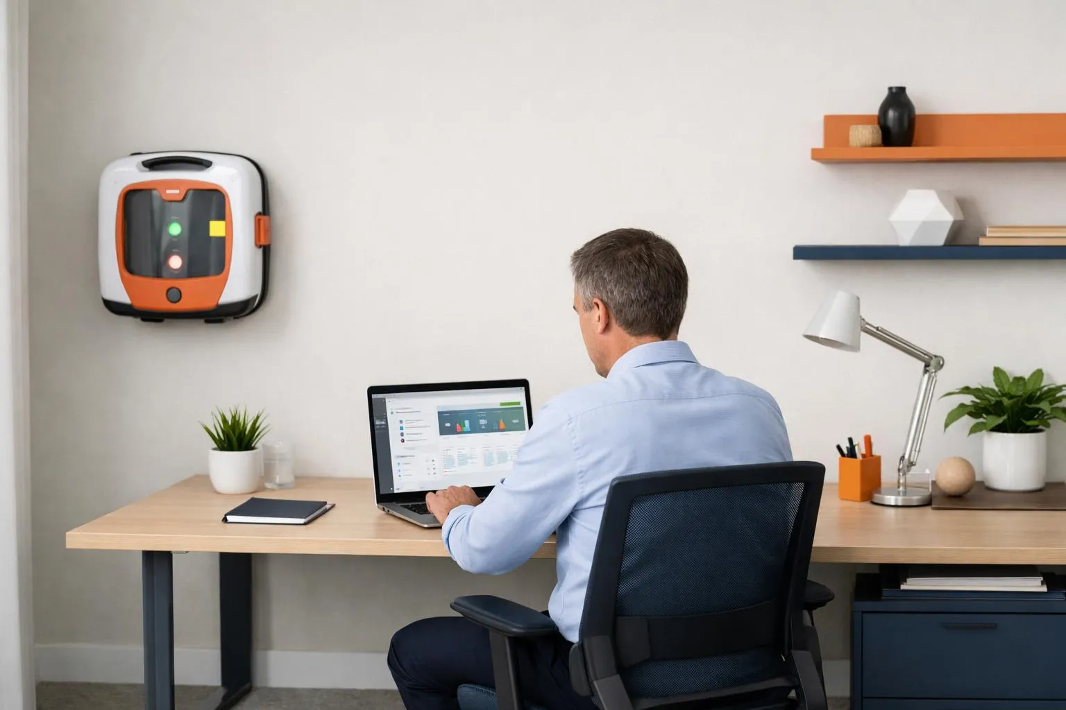 Homme d'affaires travaillant sur un ordinateur portable dans un bureau moderne.