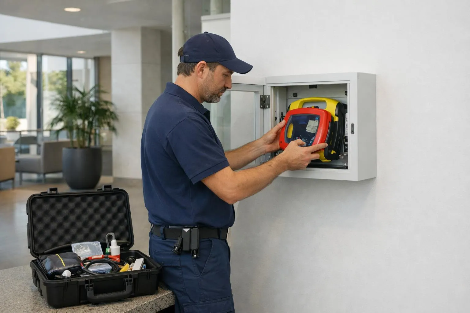 Technicien en uniforme bleu réparant un équipement électronique dans un bureau.