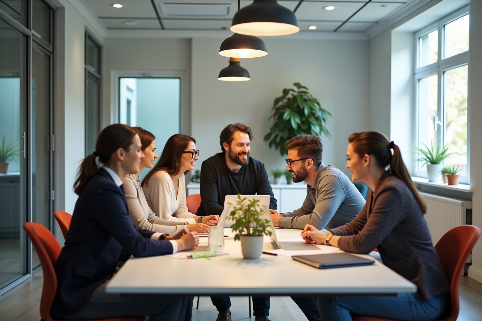 Groupe de collègues en réunion dans un bureau lumineux.