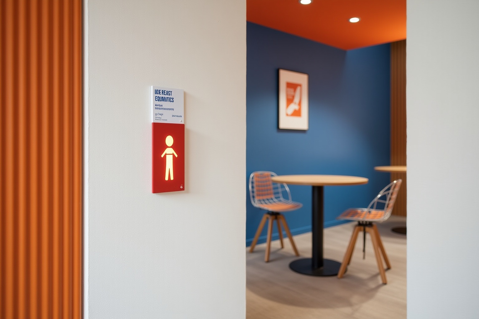 Salle de réunion moderne avec murs bleus et orange, table ronde et chaises design.