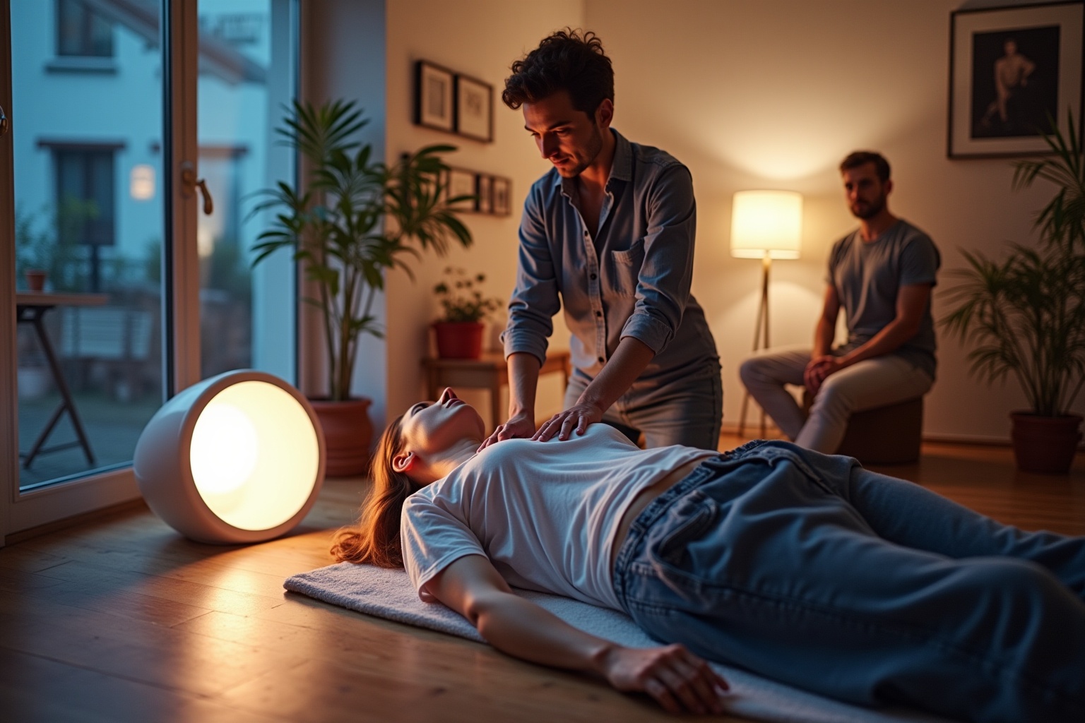 Homme massant une femme allongée sur le sol dans un intérieur chaleureux.