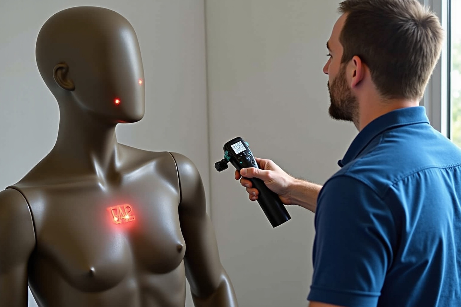 Homme utilisant un appareil de mesure sur un mannequin gris.