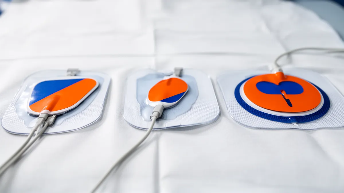 Électrodes médicales bleues et orange sur un fond blanc.