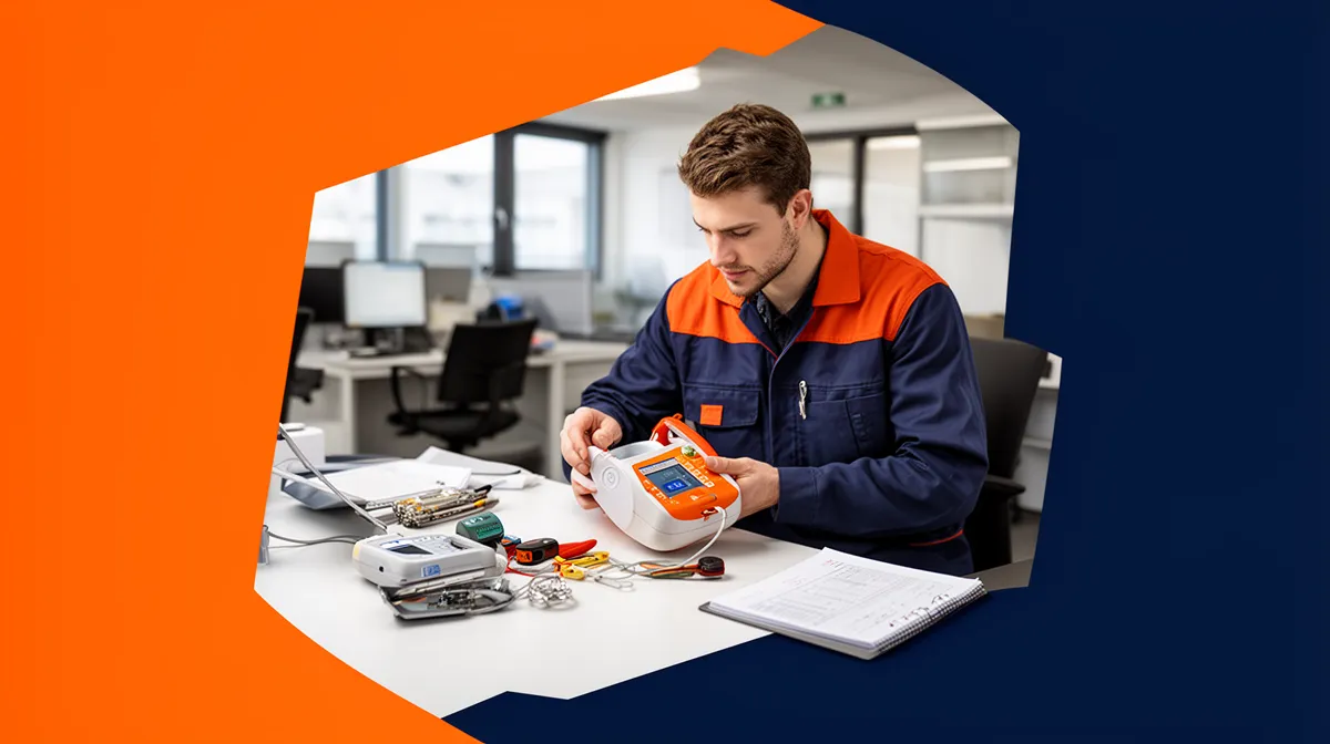 Technicien en réparation électronique travaillant dans un bureau.