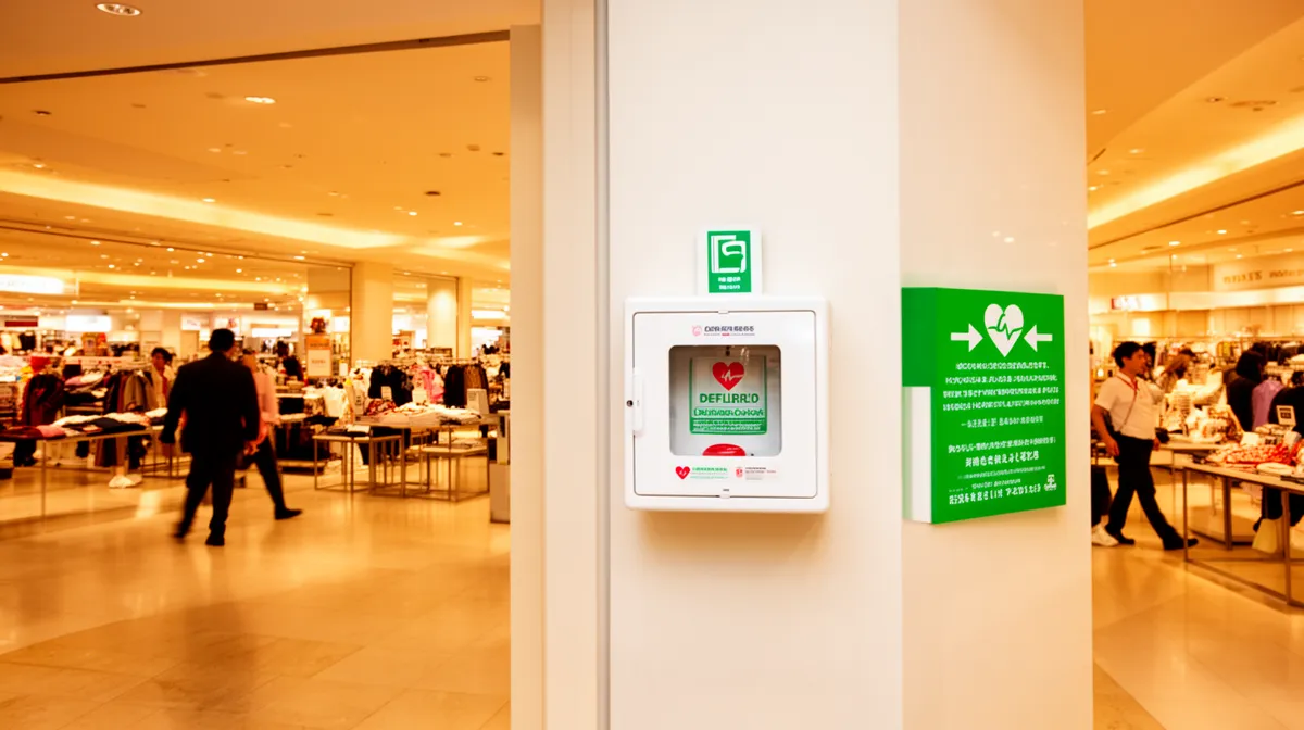 Intérieur d'un centre commercial avec un défibrillateur automatique sur le mur.