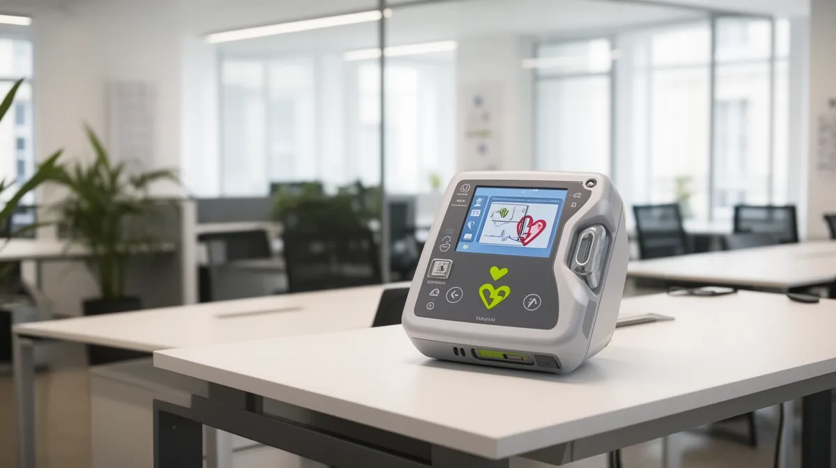Défibrillateur automatique externe sur un bureau dans un bureau moderne.