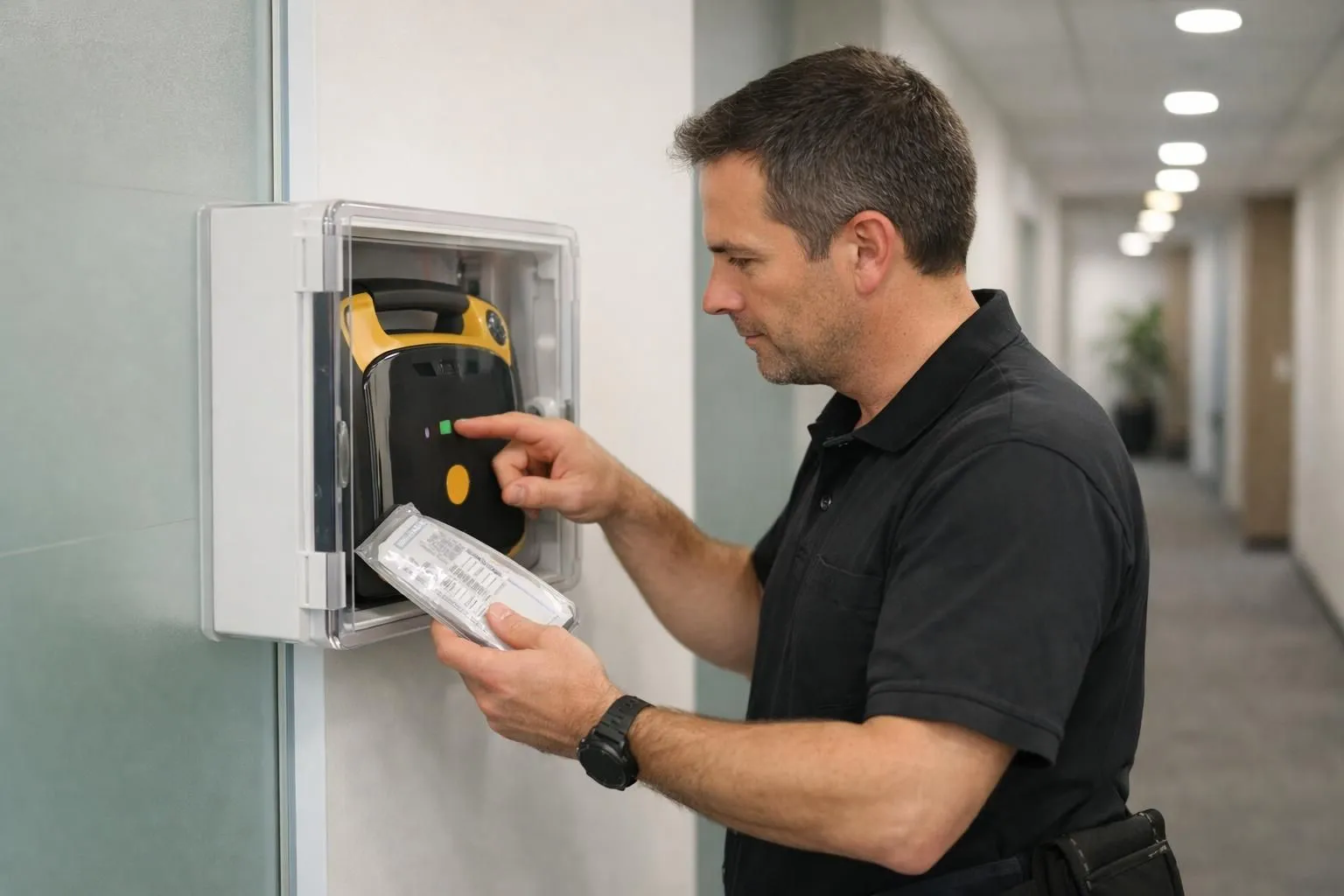 Un technicien professionnel en gilet de sécurité effectue un contrôle d'entretien mensuel sur un défibrillateur externe automatisé monté au mur dans un couloir de bureau moderne, inspectant les voyants d'état de l'appareil et vérifiant la date d'expiration des électrodes