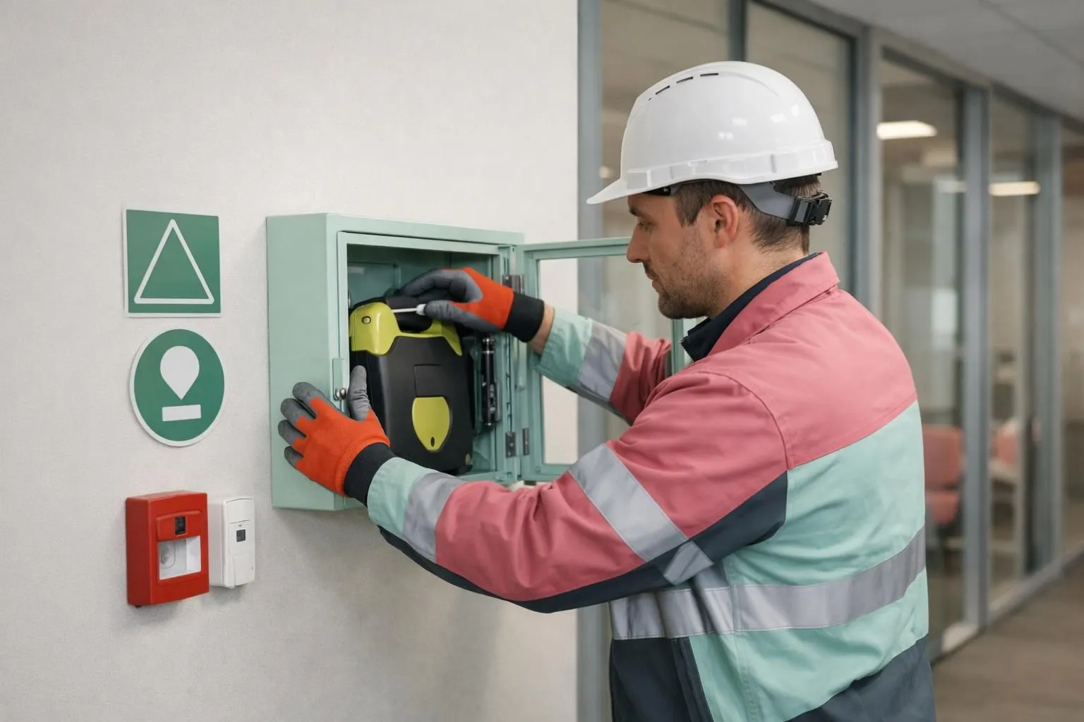 Un technicien professionnel installe un défibrillateur externe automatique sur un mur dans un bâtiment de bureau moderne, montrant la hauteur de montage et l'accessibilité appropriées, avec une signalisation d'urgence visible et des marqueurs de conformité réglementaire.